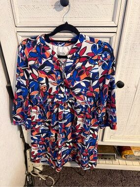 J. Crew Multicolor Floral-Leaf Midi Dress in Blue, Red, Orange, White